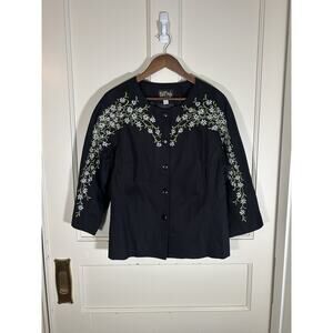 Bob Mackie Floral Embroidered Button Front Blazer Jacket Womens Size Large Black